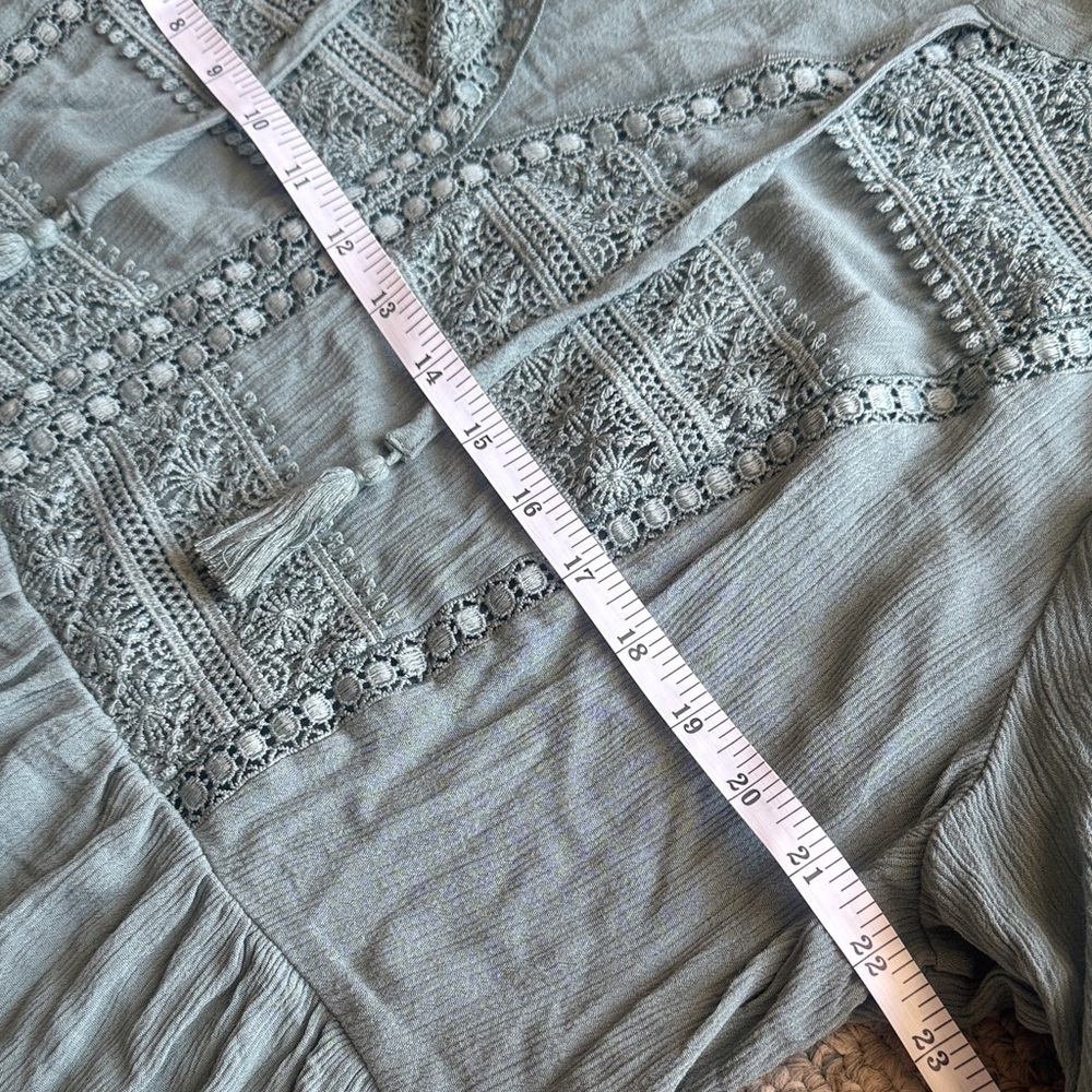 torrid sage green embroidered peasant blouse with tassel - Picture 4 of 4